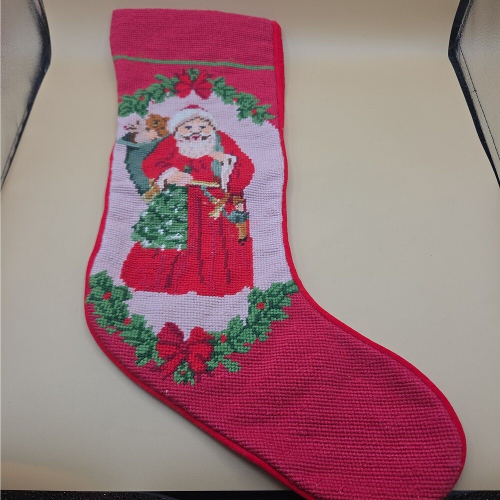 Needlepoint Wool Christmas Stocking Old World Santa Saint Nick Embroidered Vtg